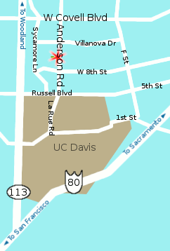 Map showing Davis, UC Davis, Hwy 113, Hwy 80, and Redwood Park at 1001 Anderson Road, Davis, CA 95616